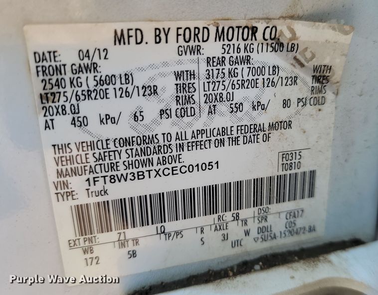 image for item KT9934 2012 Ford  F350 Super Duty Lariat  Crew Cab pickup truck