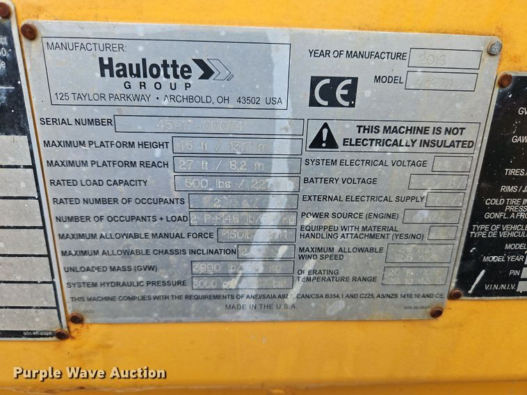 image for item LB9686 2016 Haulotte 4527A  boom lift