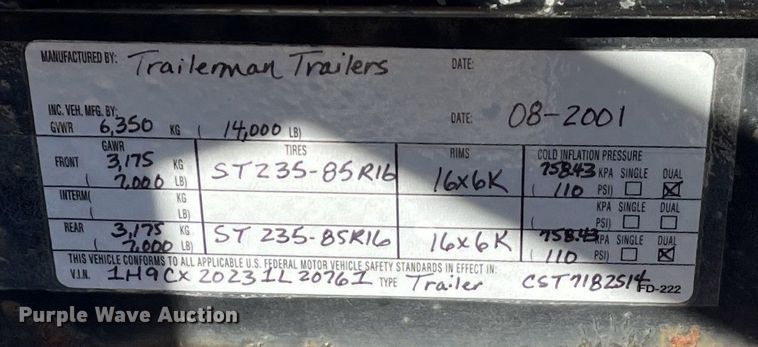 image for item NE9656 2001 Trailerman CST7182S14  equipment trailer