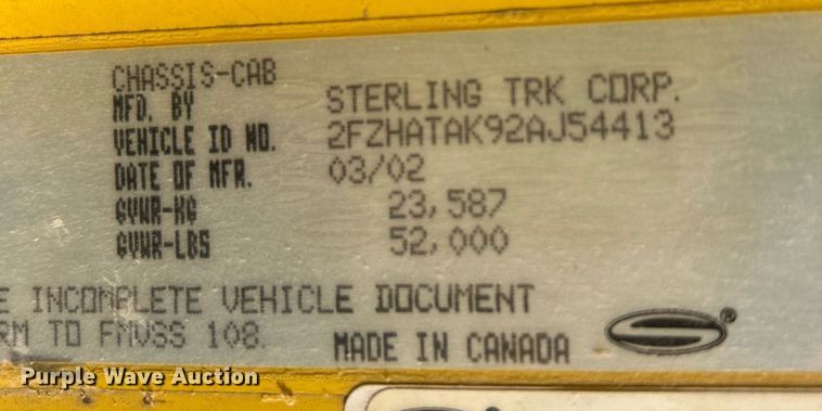 image for item NE9658 2002 Sterling L7500  dump truck