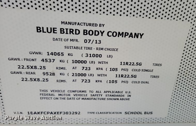 image for item DL7767 2014 Blue Bird Vision  school bus
