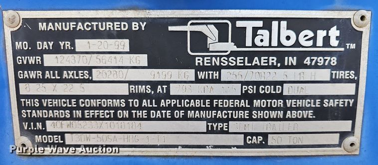image for item DR5943 1999 Talbert T3DW50SAHRG1T1  lowboy equipment trailer
