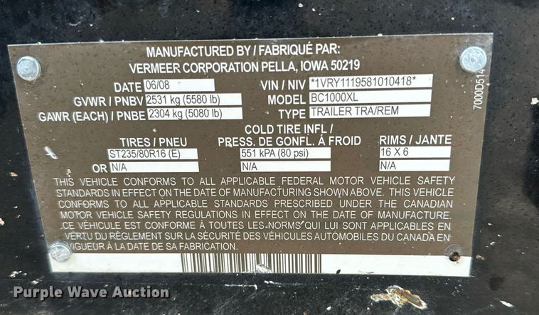 image for item IB9309 2008 Vermeer BC1000XL  wood chipper