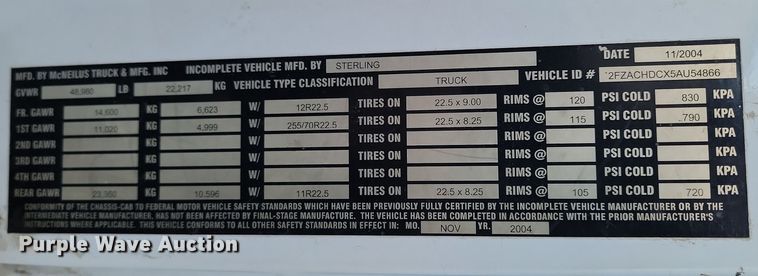 image for item KT9952 2005 Sterling Acterra  refuse truck