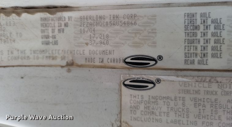 image for item KT9952 2005 Sterling Acterra  refuse truck