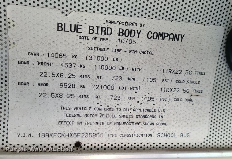 image for item LJ9459 2006 Blue Bird Vision  school bus