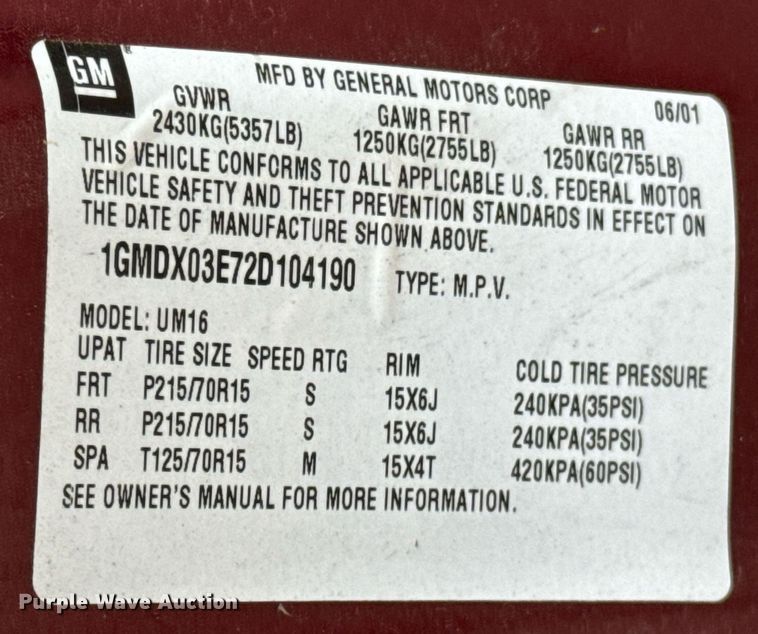 image for item OD9906 2002 Pontiac Montana  van