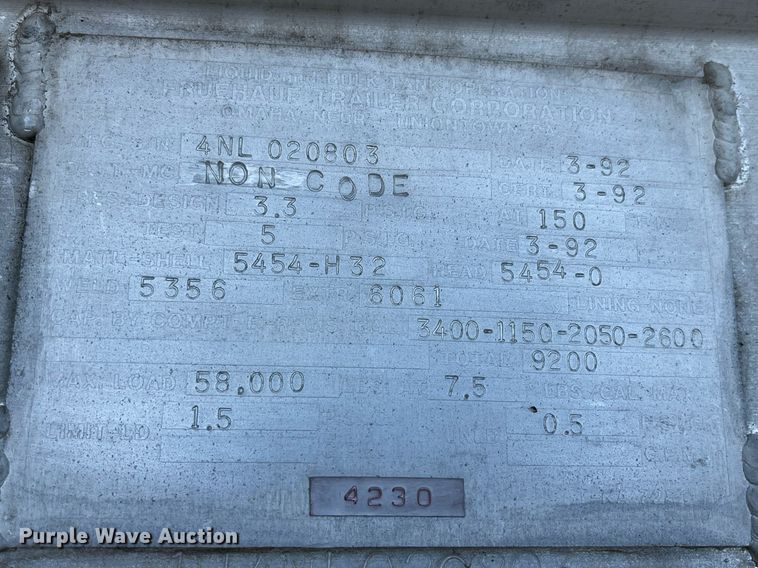 image for item DP2176 1992 Fruehauf  tank trailer