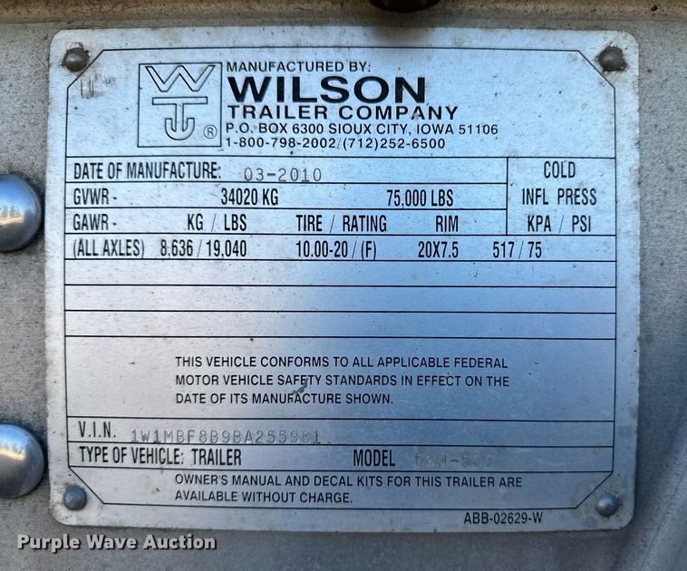 image for item EK9878 2011 Wilson DWH-500  grain trailer