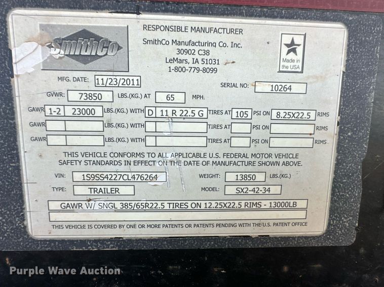 image for item EK9880 2012 SmithCo Manufacturing Co. Inc. SX2-42-34  side dump trailer