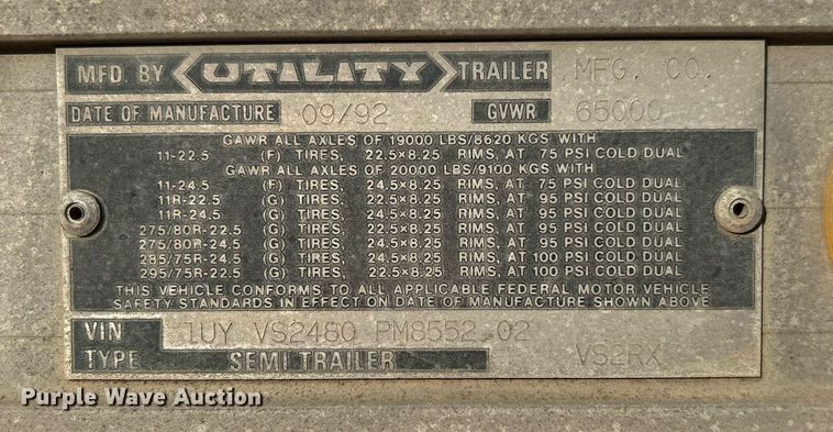 image for item NB9295 1993 Utility Trailer MFG VS2RX  refrigerated van trailer
