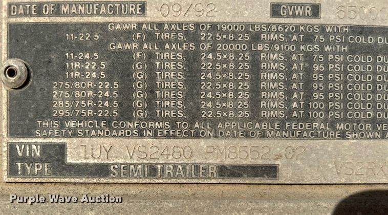 image for item NB9295 1993 Utility Trailer MFG VS2RX  refrigerated van trailer