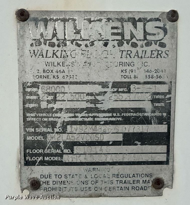image for item OD9843 1991 Wilkens OK2LA52VC0SD  walking floor trailer