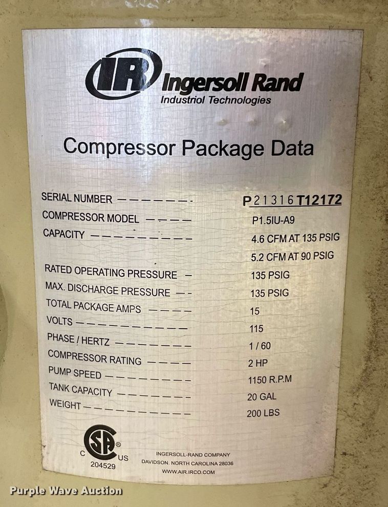 Ingersoll Rand P1.5IUA9 air compressor in Burneyville, OK Item
