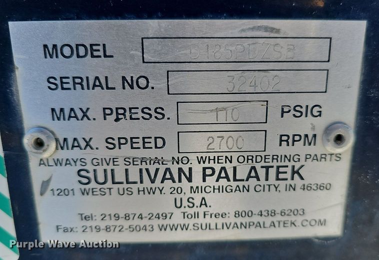 image for item DK0500 2014 Sullivan Palatek D185PDZSB  air compressor