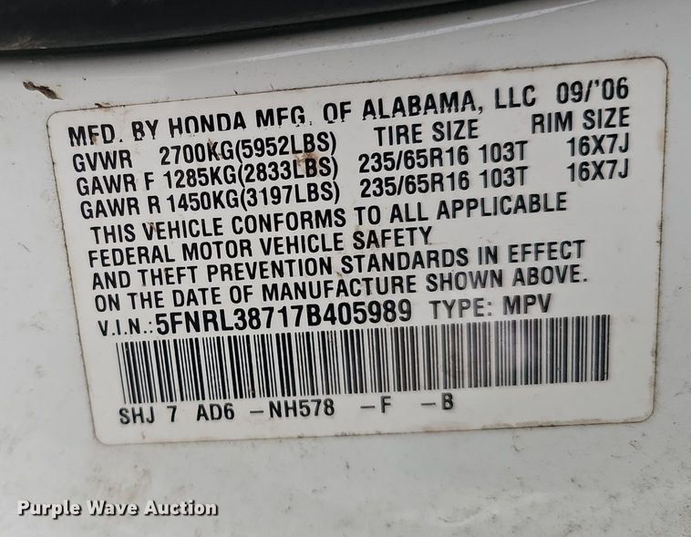 image for item IO9789 2007 Honda Odyssey  van