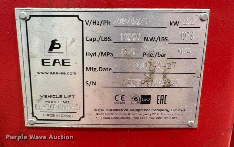 image for item KI9186 2017 EAE Automotive Blazer 11000-TP  two post automotive lift