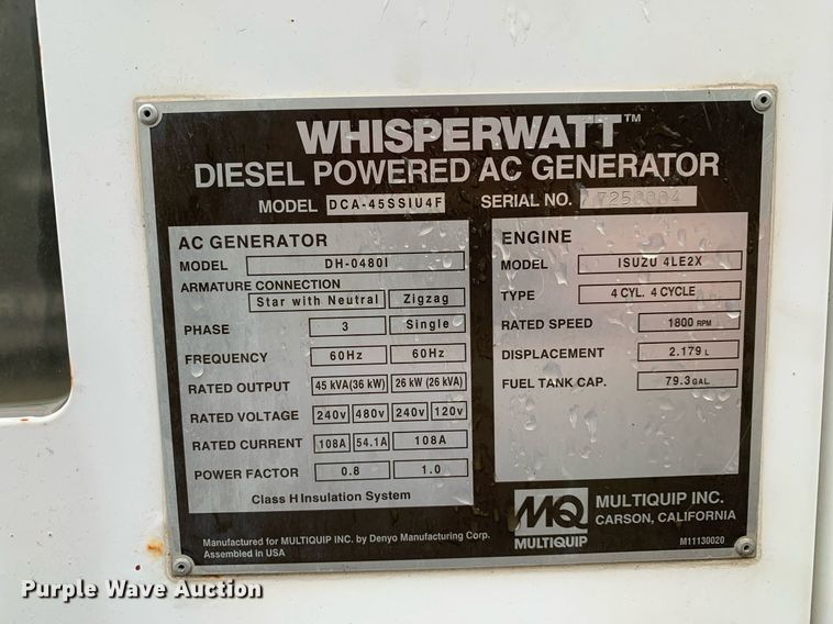 image for item KX9785 2013 Multiquip Whisperwatt DH-04801  generator