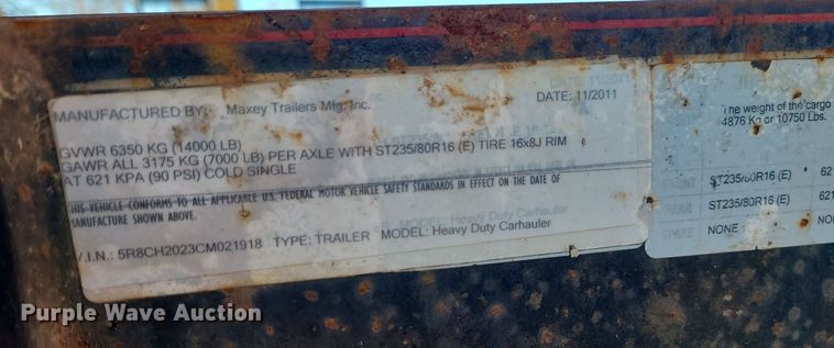 image for item LJ9460 2012 Maxey  equipment trailer