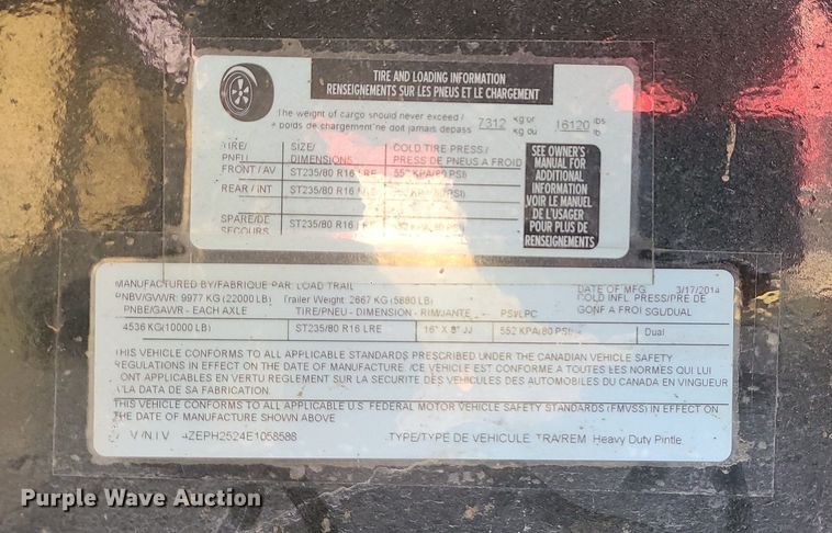 image for item LJ9461 2014 Load Trail  equipment trailer