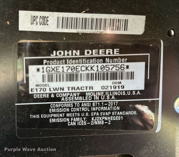 image for item LK9695 2019 John Deere E170  lawn mower