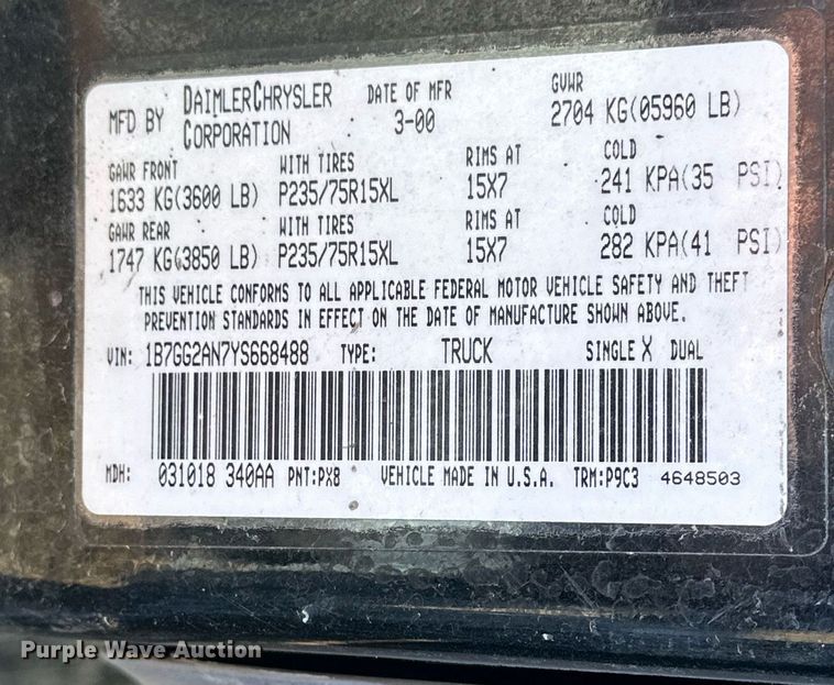 image for item NS9152 2000 Dodge Dakota  Quad Cab pickup truck