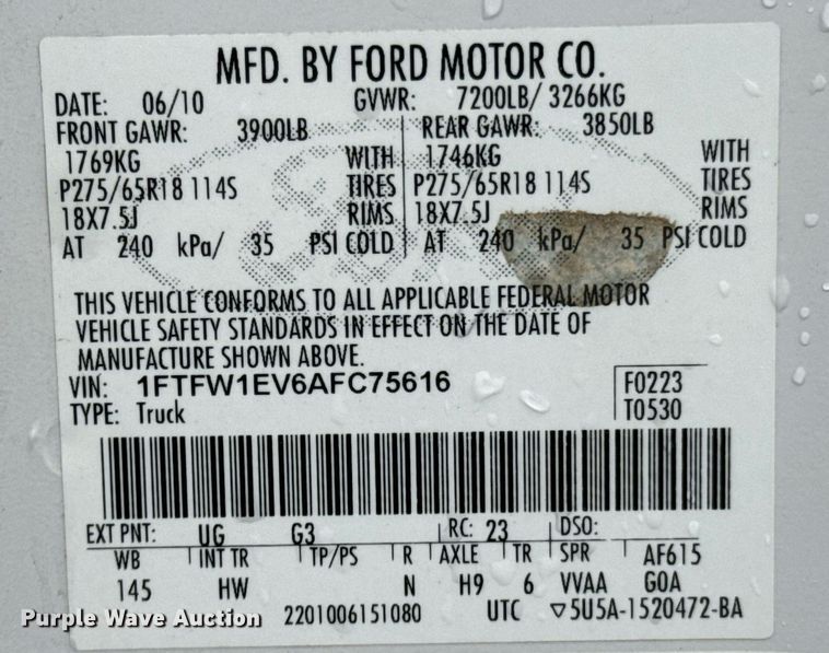 image for item OD9895 2010 Ford F150  pickup truck