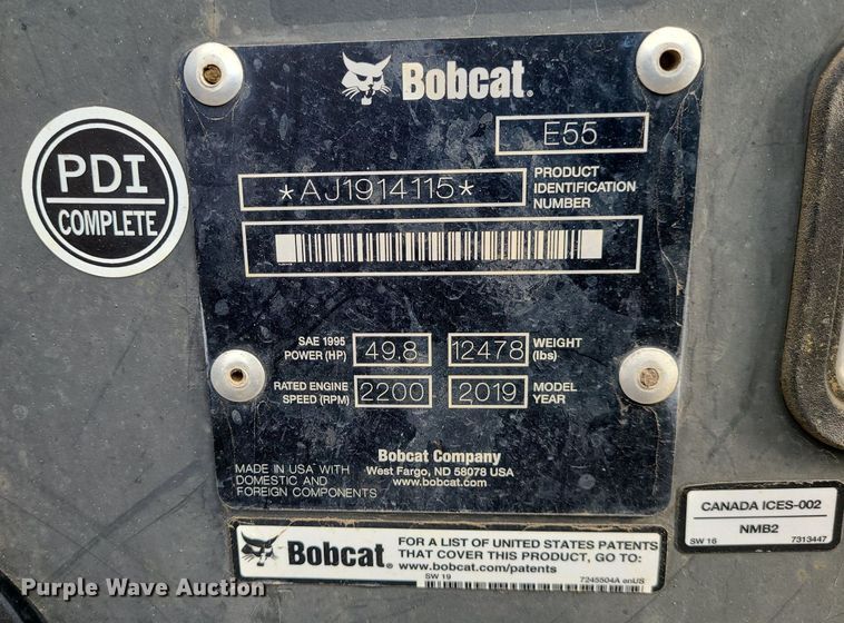 image for item DN8268 2019 Bobcat E55  mini excavator
