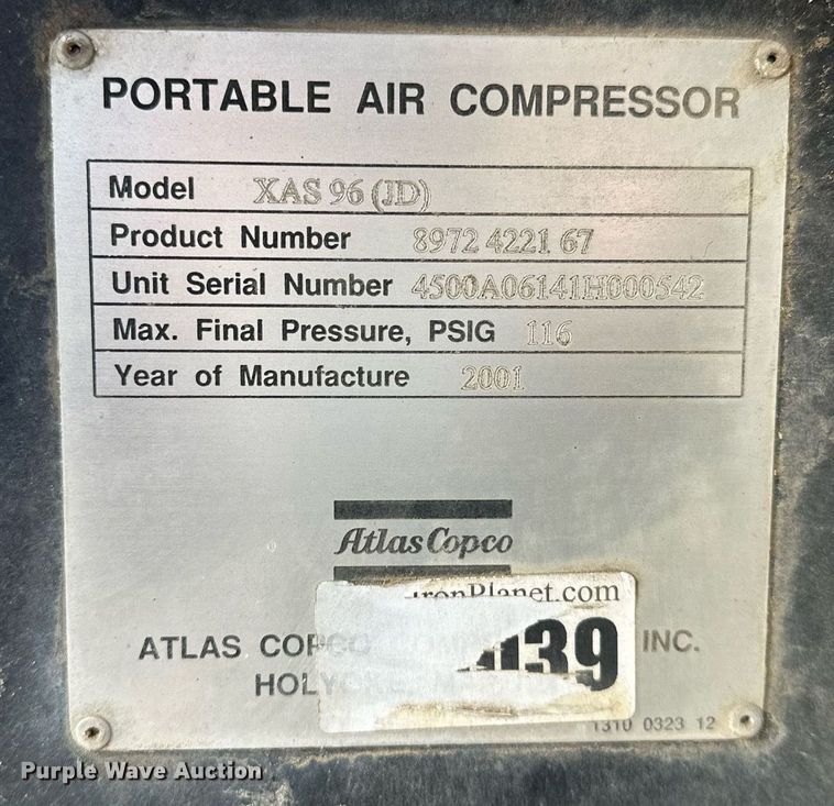 image for item LK9723 2001 Atlas XAS 96  air compressor