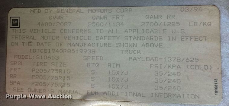 image for item EK9914 1994 GMC Sonoma pickup truck