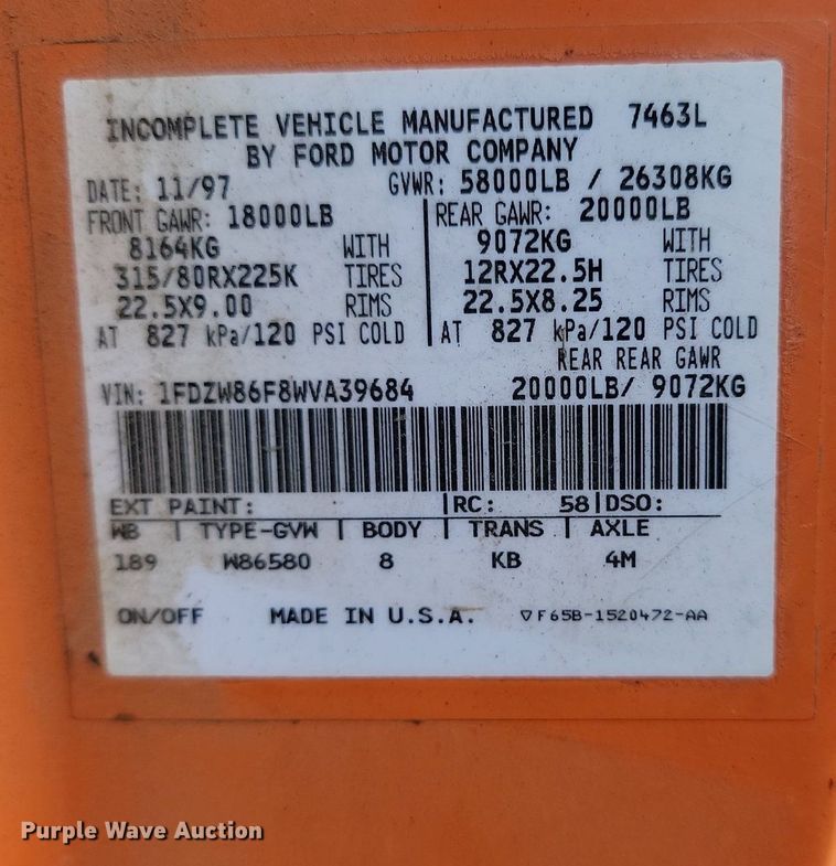 image for item KT9638 1998 Ford W86 dump truck