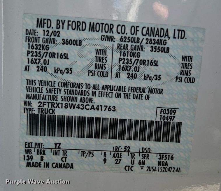 image for item KV9926 2003 Ford F150 SuperCab pickup truck