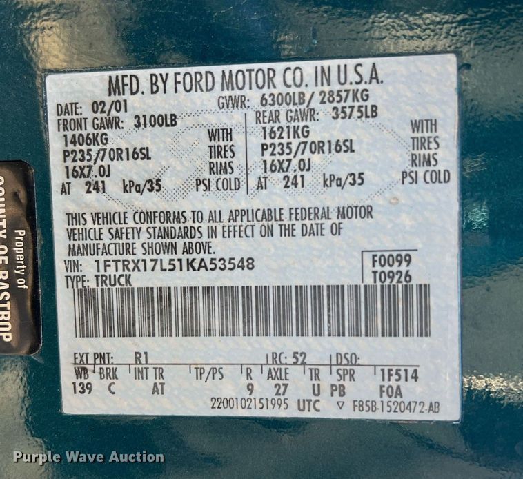 image for item KV9928 2001 Ford F150 SuperCab pickup truck