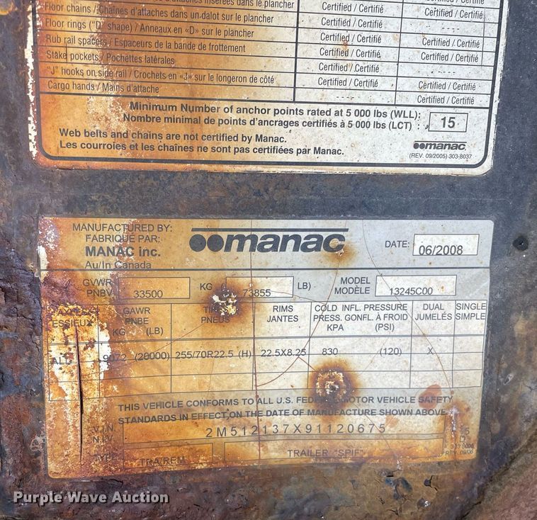 image for item DP0286 2009 Manac  13245C00 drop deck equipment trailer