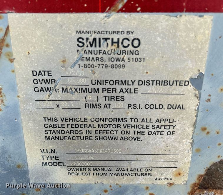 image for item DQ1082 1999 Smith Co. SC3000 side dump trailer