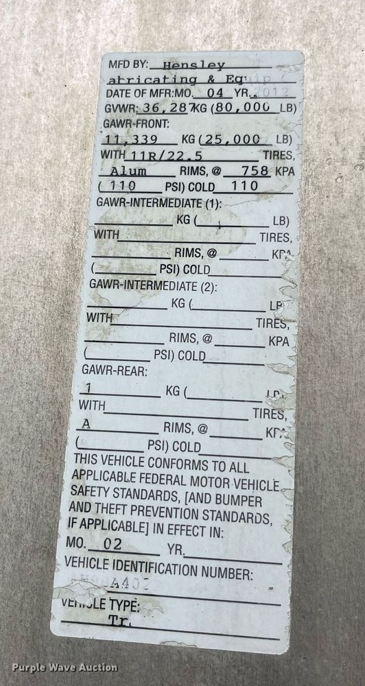 image for item LD9927 2012 Hensley ATLW-36-32-8 feed delivery trailer