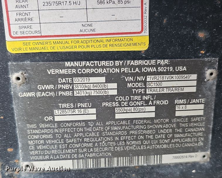 image for item DQ8549 2019 Vermeer BC1500 wood chipper