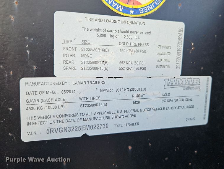 image for item LB9664 2014 Lamar GN3220 equipment trailer