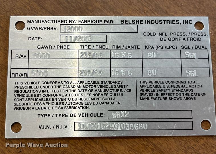 image for item LD9297 2003 Belshe Industries WB12 equipment trailer