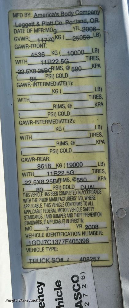 image for item OI9531 2007 GMC  C7500 box truck