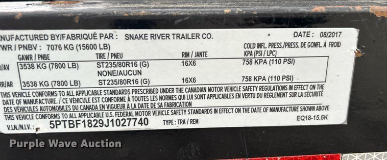 image for item OM9248 2018 Snake River Trailer Co. equipment trailer