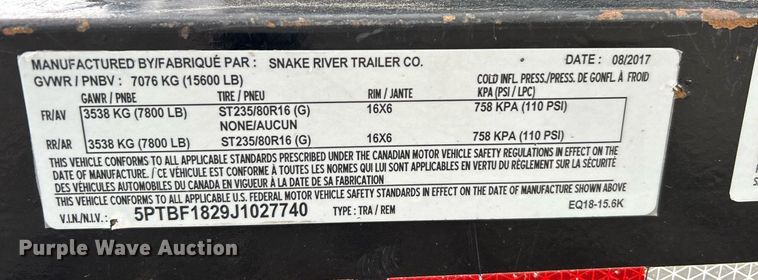 image for item OM9248 2018 Snake River Trailer Co. equipment trailer