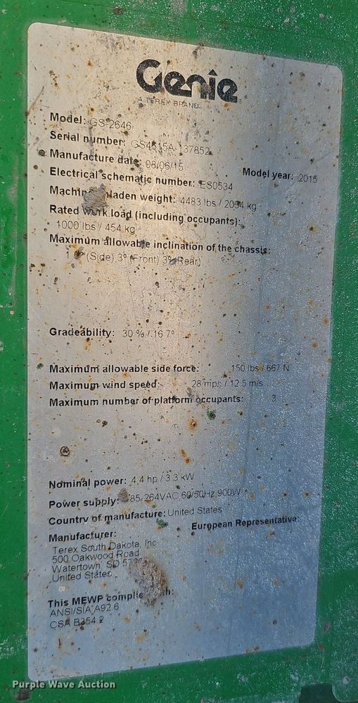 image for item DK0515 2015 Genie GS-2646 scissor lift