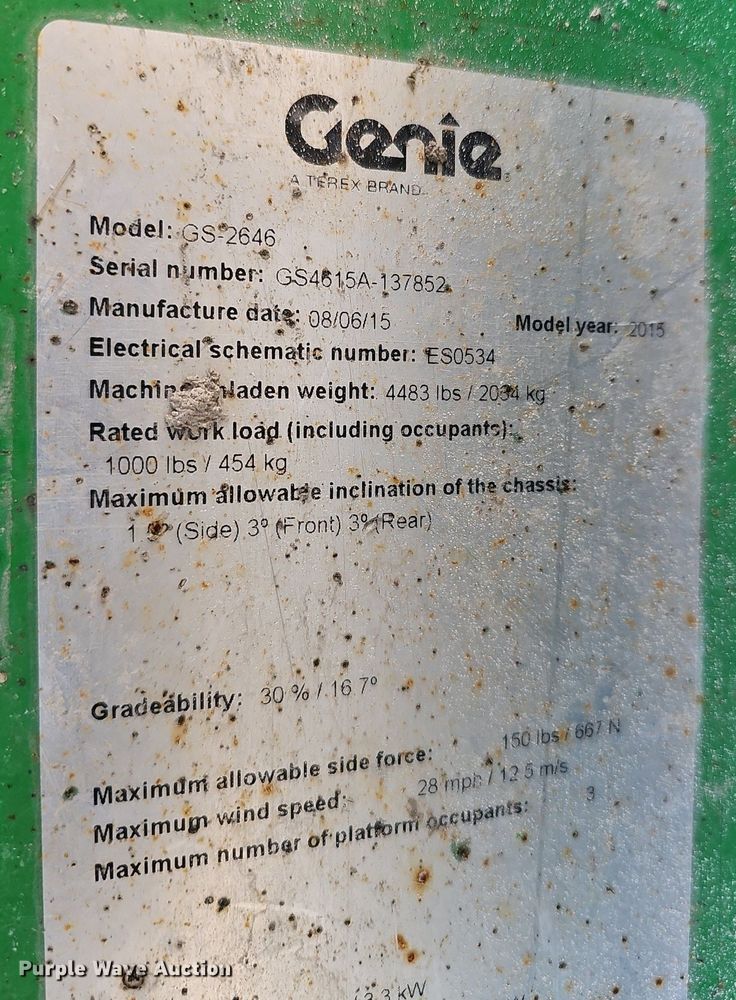 image for item DK0515 2015 Genie GS-2646 scissor lift