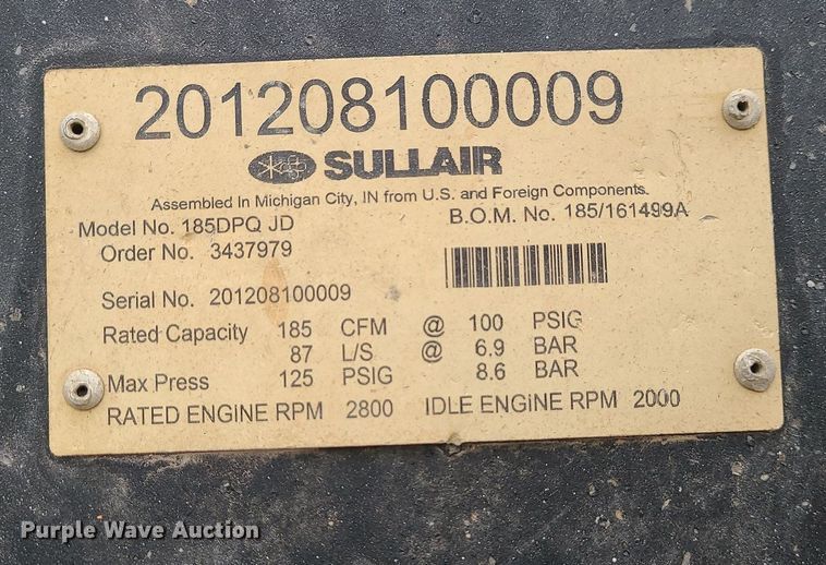 image for item DN8255 Sullair 185DPQ JD air compressor