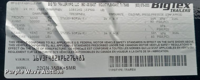 image for item DN8263 2023 Big Tex 22GN-35BK+5MR equipment trailer