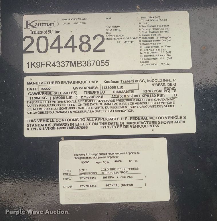 image for item DN8270 2021 Kaufman lowboy equipment trailer