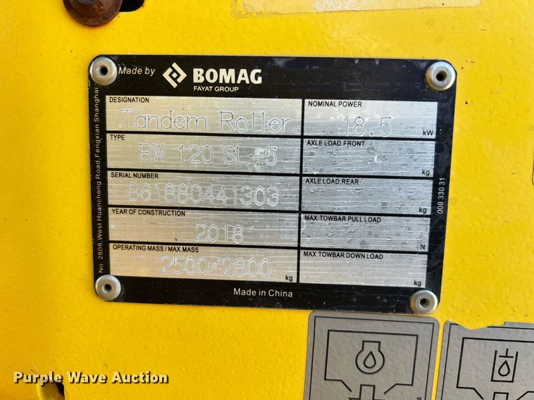 image for item DQ2349 2018 Bomag BW 120 SL-5 double drum vibratory roller