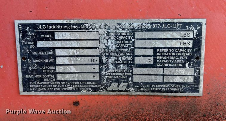 image for item DQ2355 2012 JLG 600S boom lift