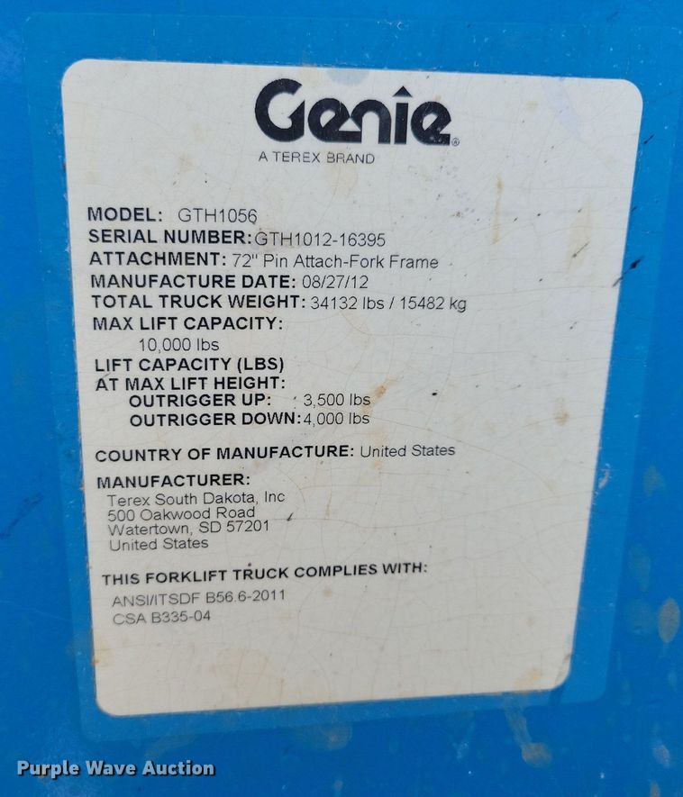 image for item IQ9943 2012 Genie GTH1056 telehandler